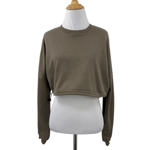 Superdown Top Womens XS Extra Small Taupe Drop Shoulder Cropped Boxy Bungee Hem - Picture 1 of 12